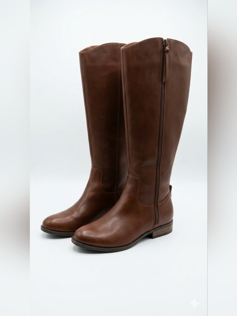 Classic Cognac Brown Leather Knee-High Riding Boots - Side Zip - Size 7 1/2 - Picture 3 of 4